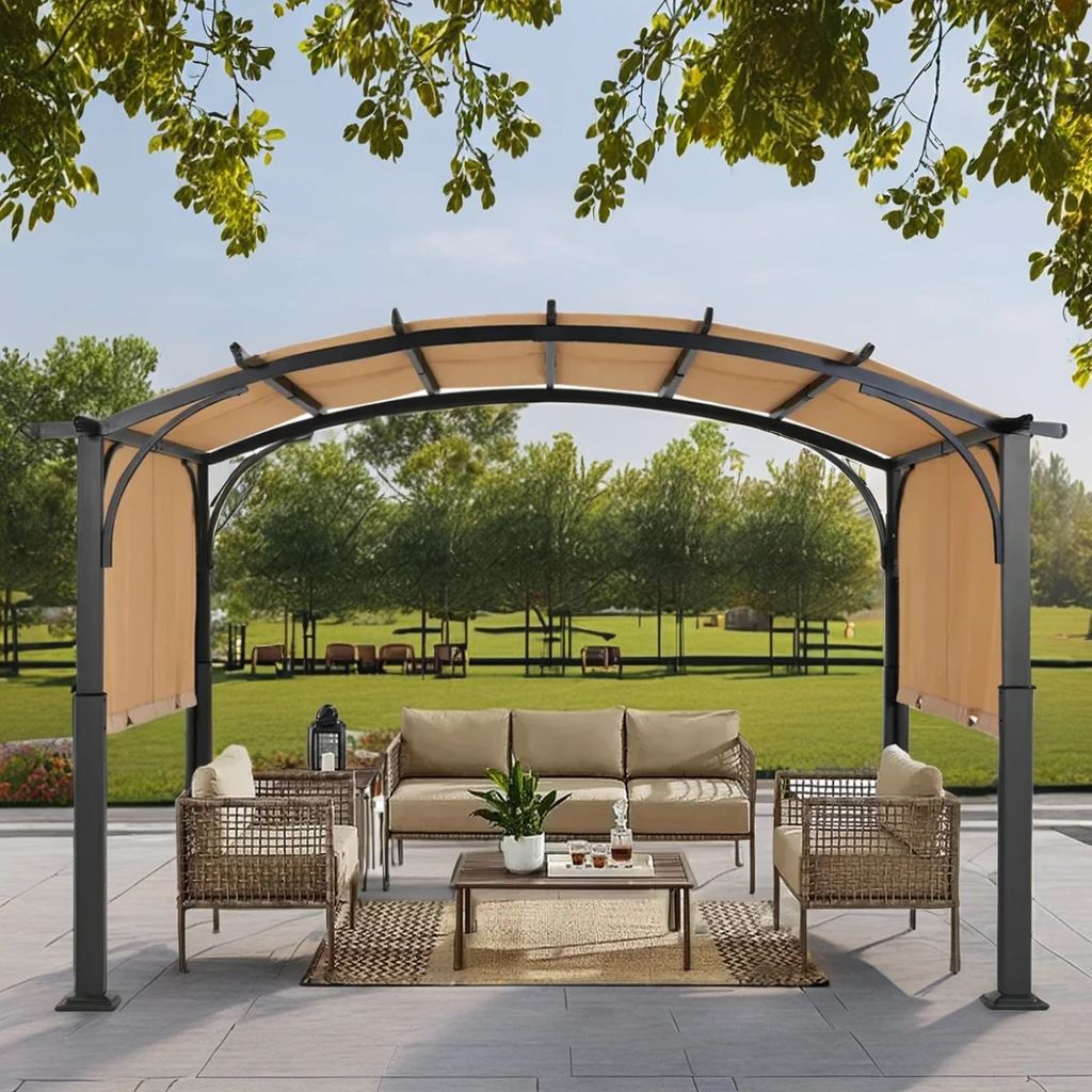 Outdoor Pergola Patio Gazebo, Retractable Shade Canopy, Steel Frame Grape Gazebo, Sunshelter Pergola for Gardens