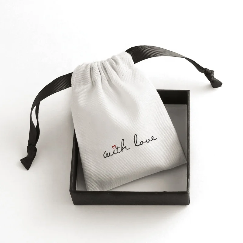 Natural cotton products logo printed custom white  wholesale pouches gift packaging velvet jewelry drawstring cosmetic bag