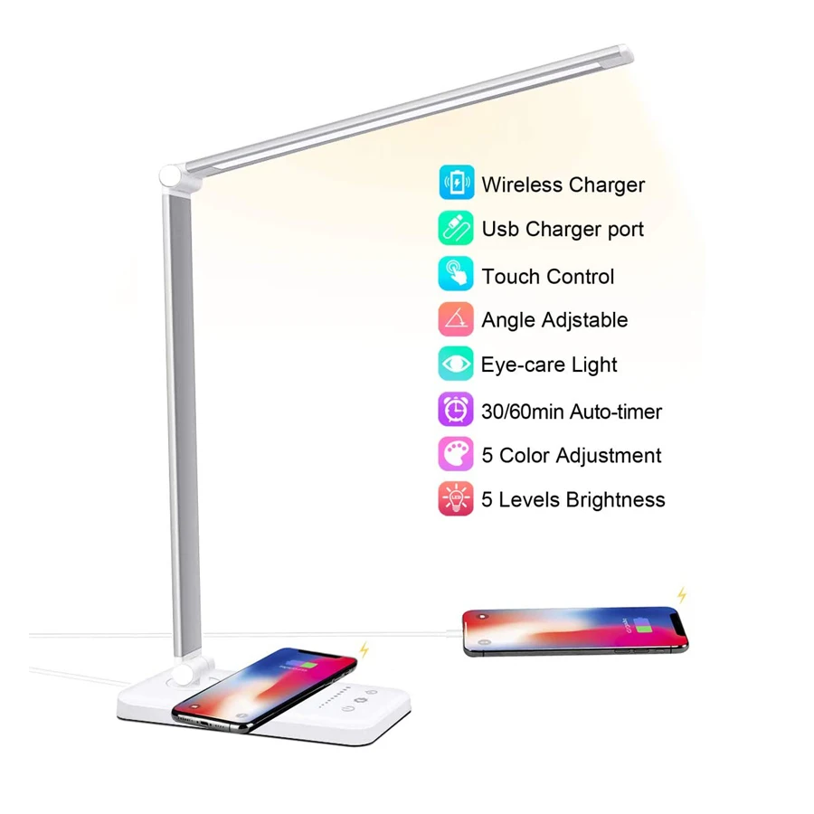 Eye Protection Study Lights Aluminum Alloy Modern Folding 5 Gears Dimming Reading Led Wireless Charging Table Touch Desk Lamp