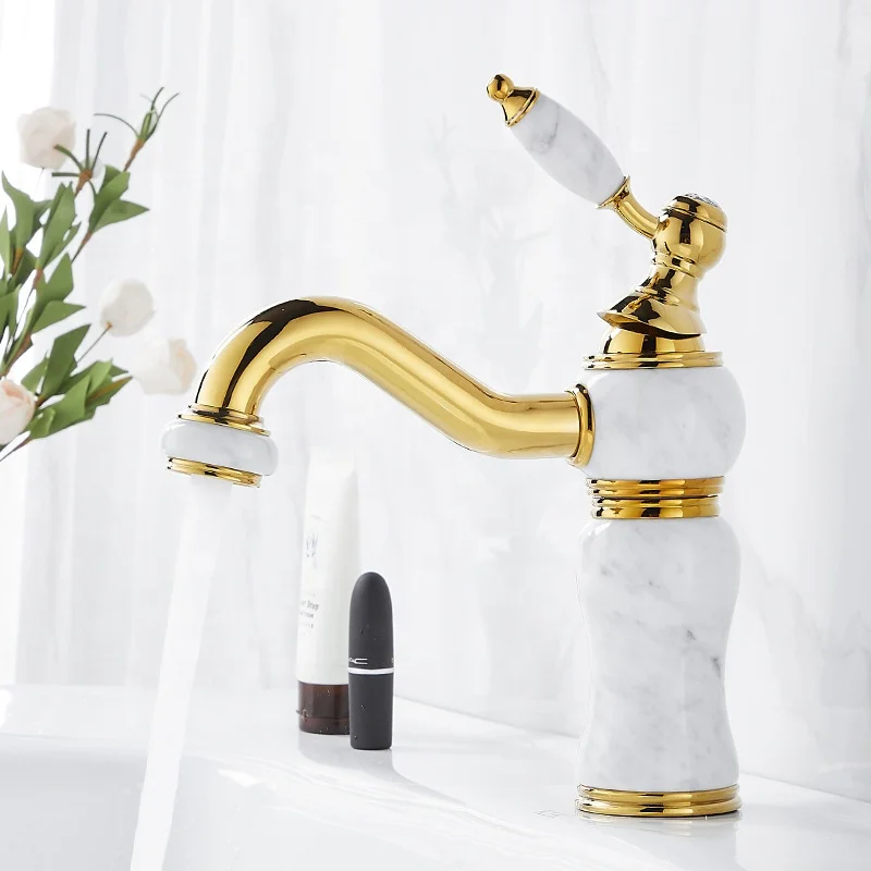 brass body gold plated bathroom basin mixer dark green jade wash basin tap