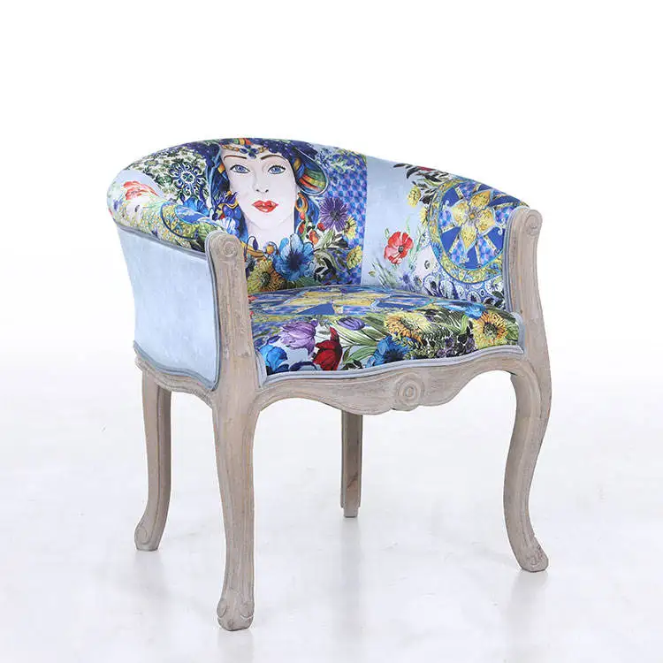 Wholesale Blue Velvet Digital Printing Velvet Cheap Lounge Arm Wooden Leisure Chair