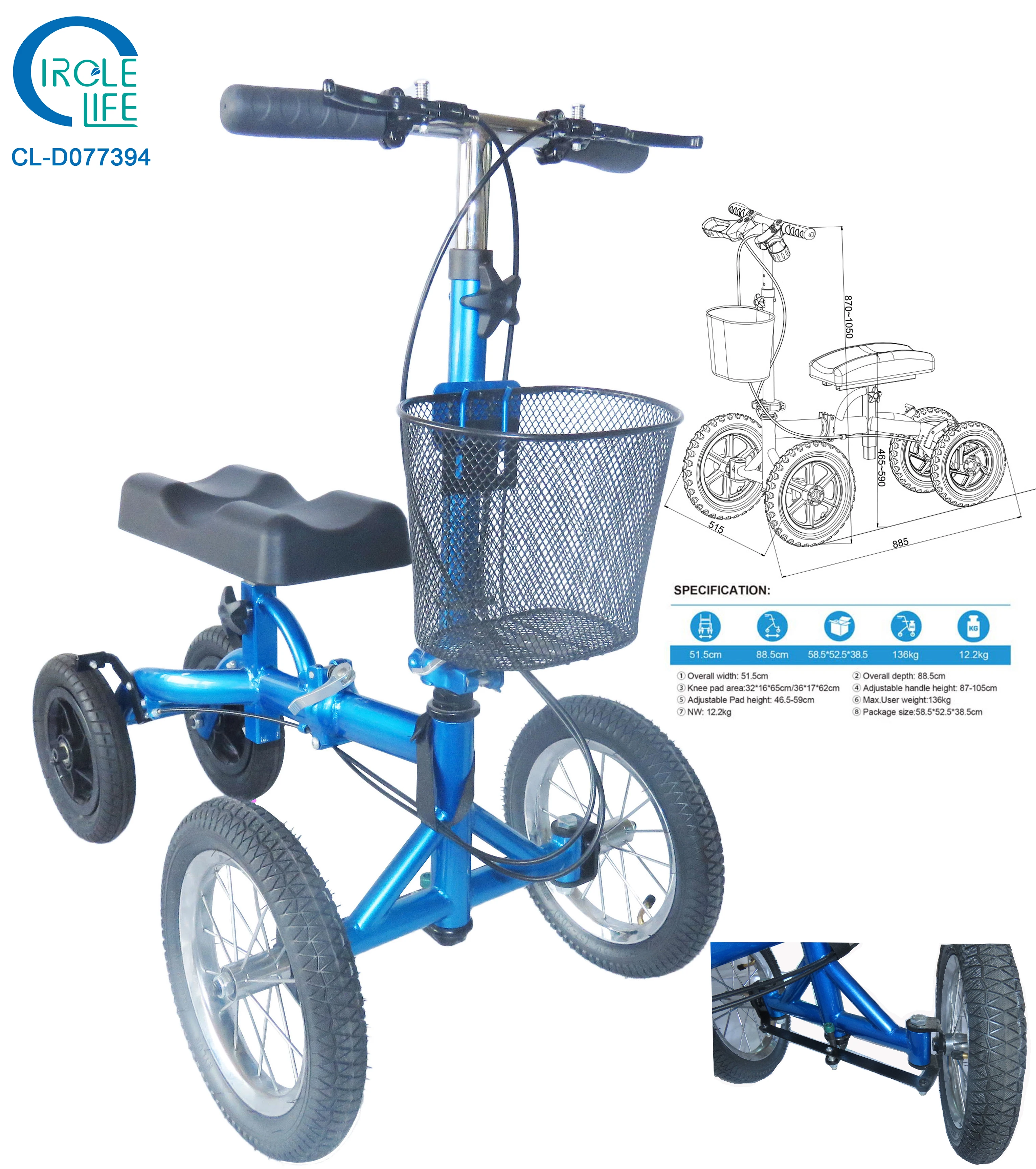 High-carbon steel simple design adjustable lightweight folding medical knee walker