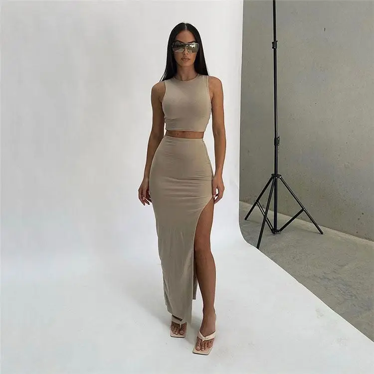 Set Women Women Suit Set Sleeveless High Quality Control Womens Long Skirt Sets Two Piece Skirt