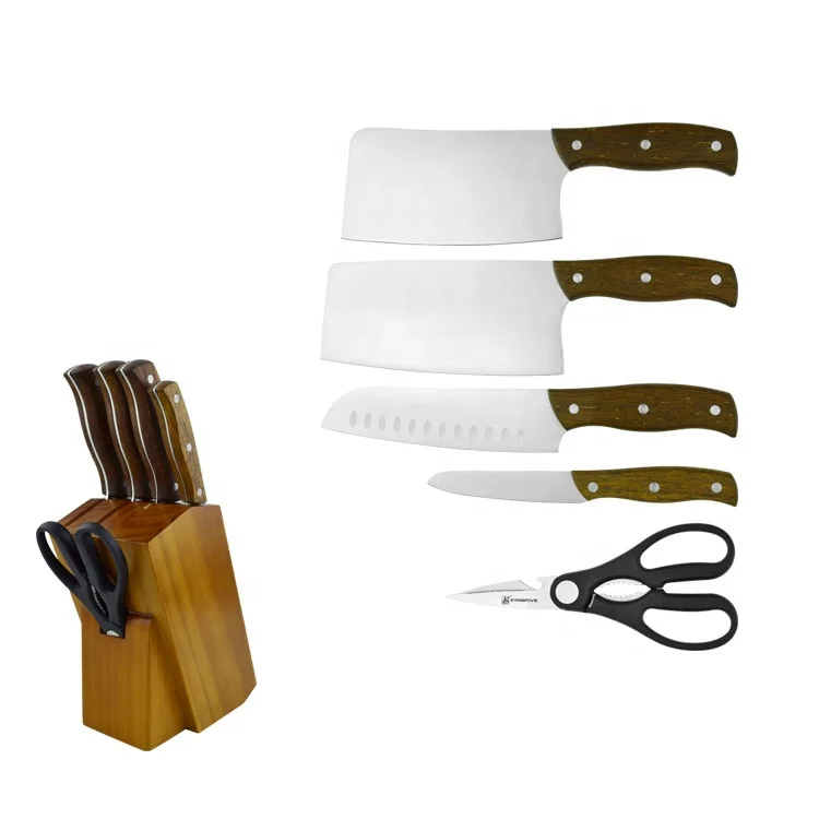 Chinese Messer Wholesale Walnut Wood 6 Pcs Kitchen Knife Set Scissor Chef Knife with Wooden Block