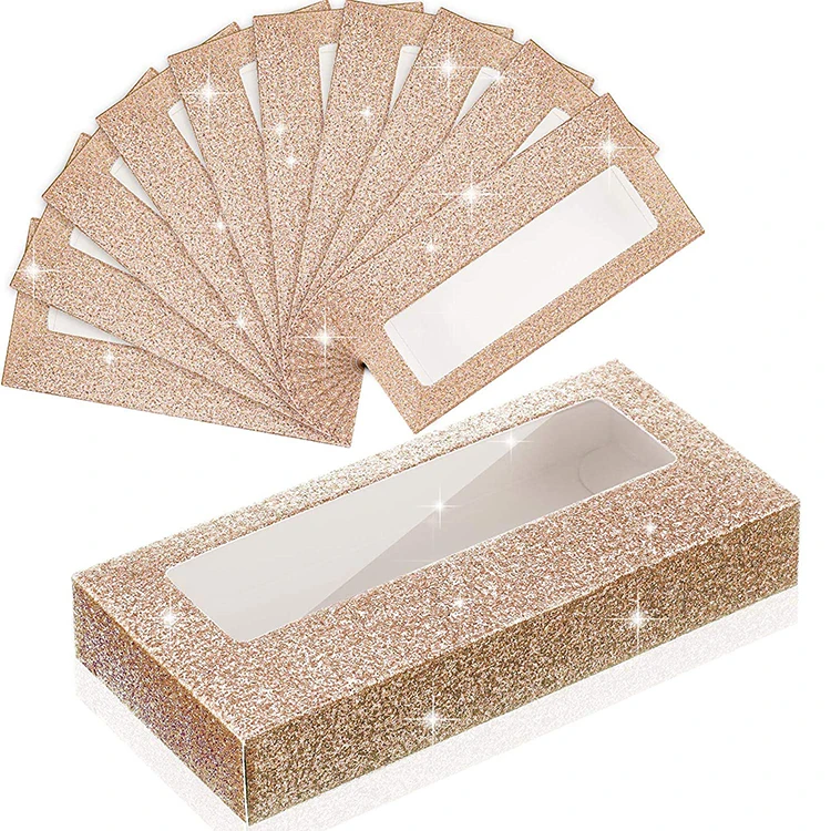 
custom rectangle Champagne Gold paper empty eyelash packaging box with PVC window 