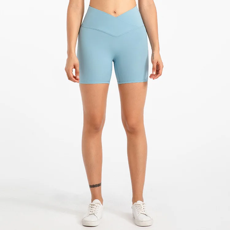 GC Cross waistband nude yoga pants stretch high waist running fitness shorts no T line sports shorts for women