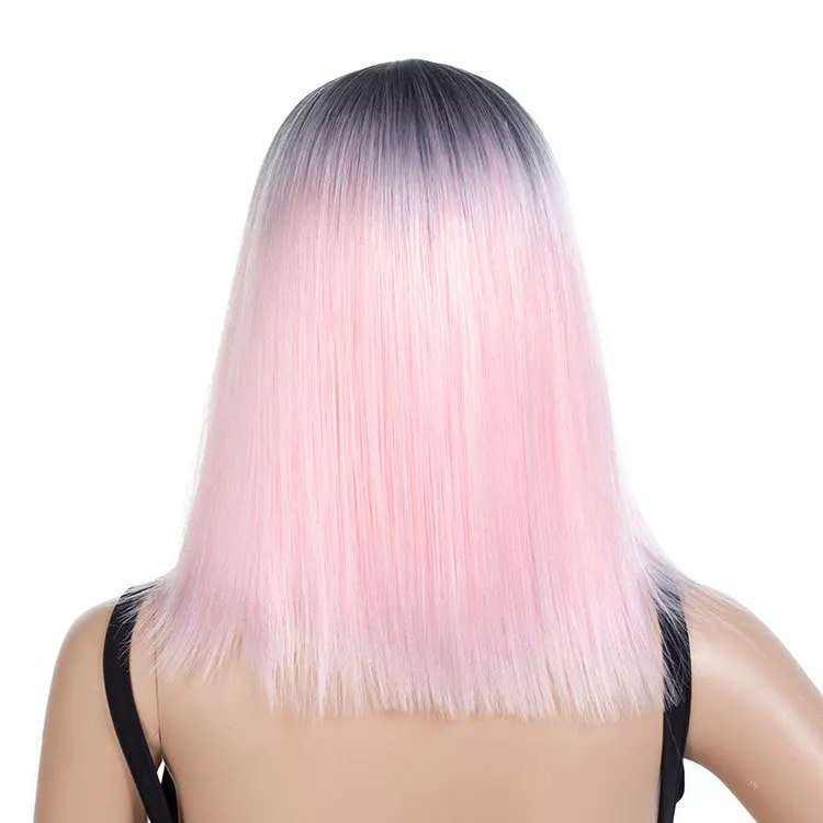 Short Straight Synthetic BOB Wig Fiber Lido Pink Synthetic Wig Ombre Color Synthetic Lace Front Wig For White Women