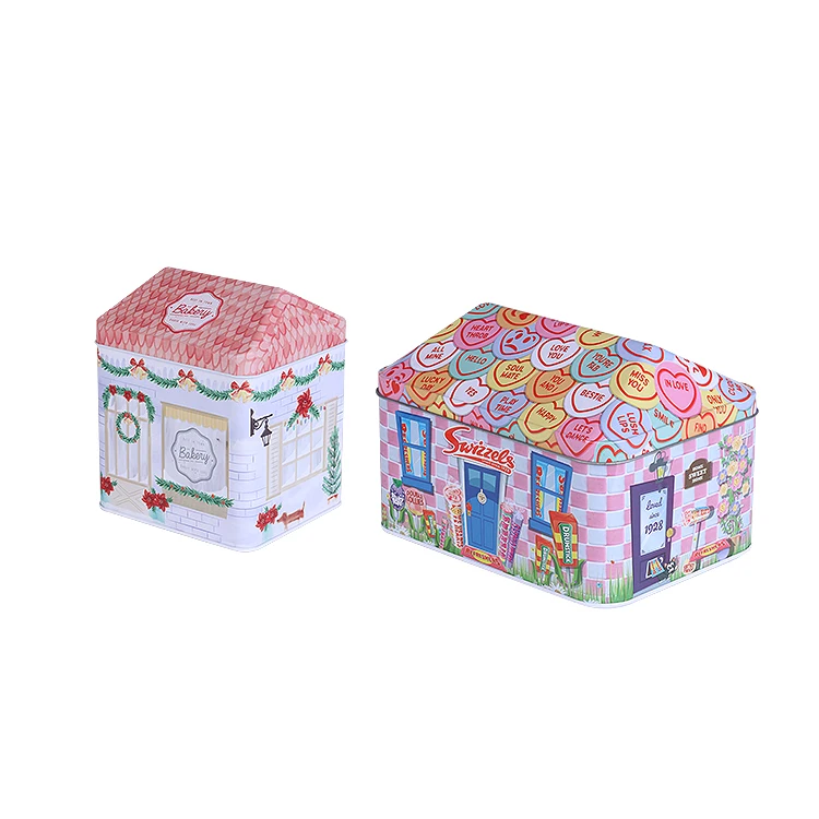 wholesale customized house roof shaped christmas candy music tin box for tea coffee