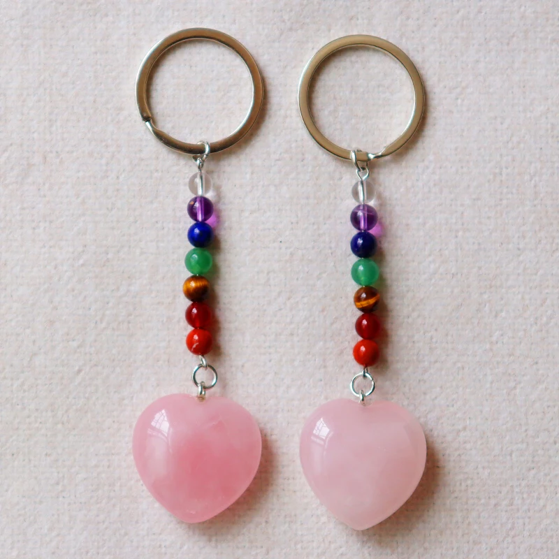 Wholesale raw crystal heart keychain rose quartz Personalized Heart-shaped Crystal Key chains