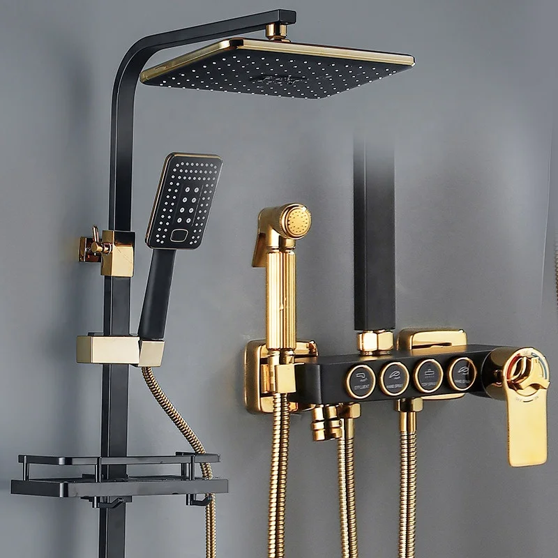 Brass Thermostatic Shower Set Black and Gold 4 Functions Shower System Wall Mounted Bathroom Shower Faucet