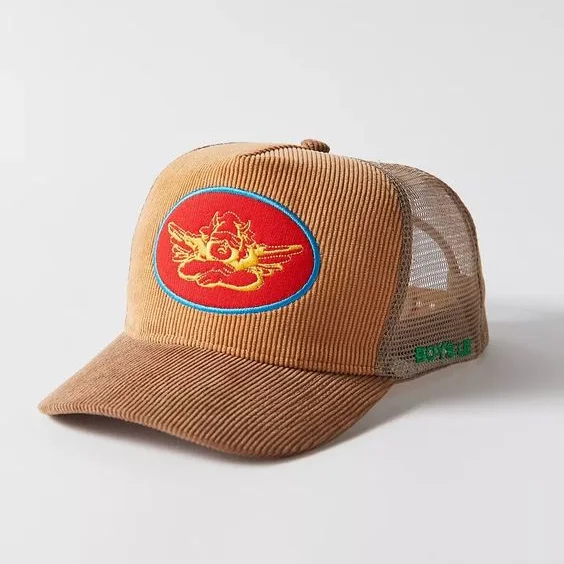 women men plain high quality custom logo patch two tone color corduroy 5 panel A fame cap mesh trucker hat with logo