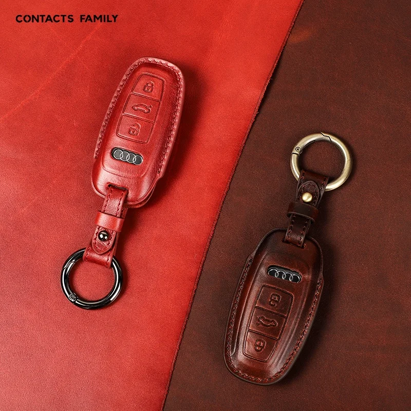 Custom 2021 High Grade Genuine Leather Remote Control Car Key Fob Chain Case Cover for Audi 2019-21 E-Tron A6L  A7 A8 Q8 A3