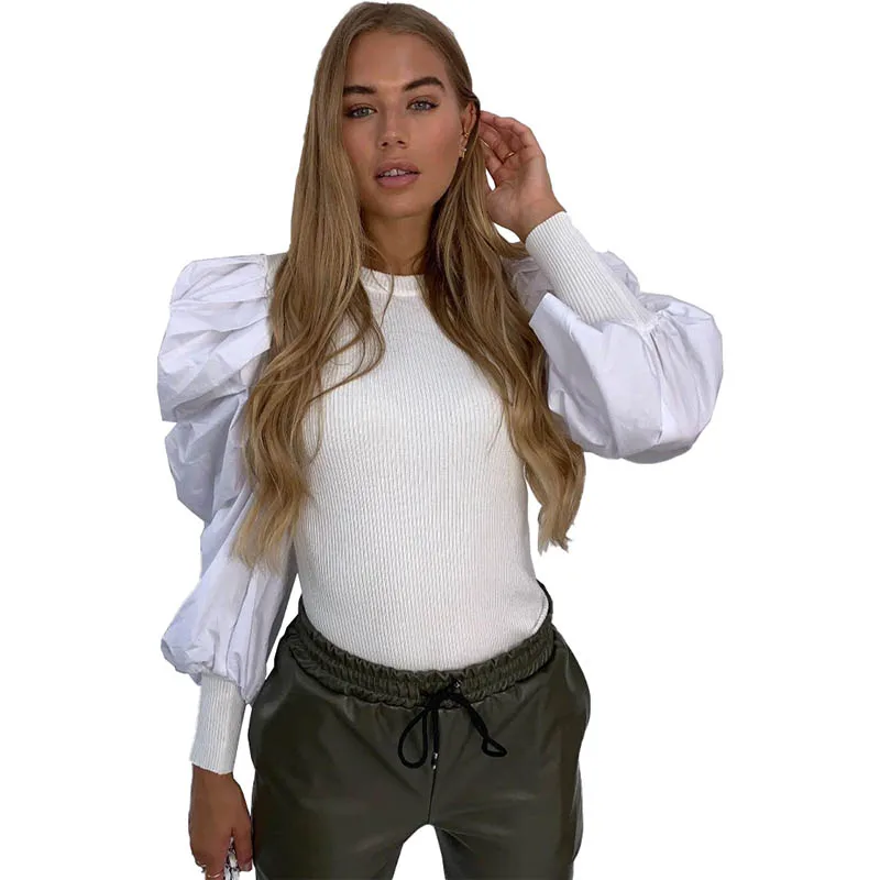 Высококачественный однотонный топ с пышными рукавами