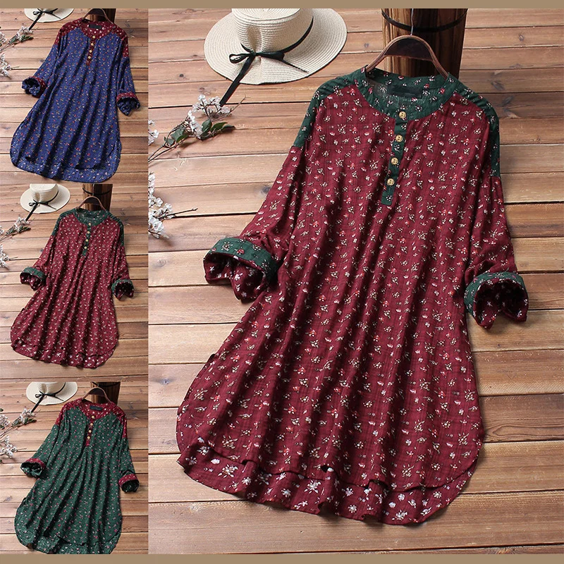 Printed Top Long Tunic Block Pointed-Hem Scoop Neck Tunic Women Printed Top Floral Tops for Woman