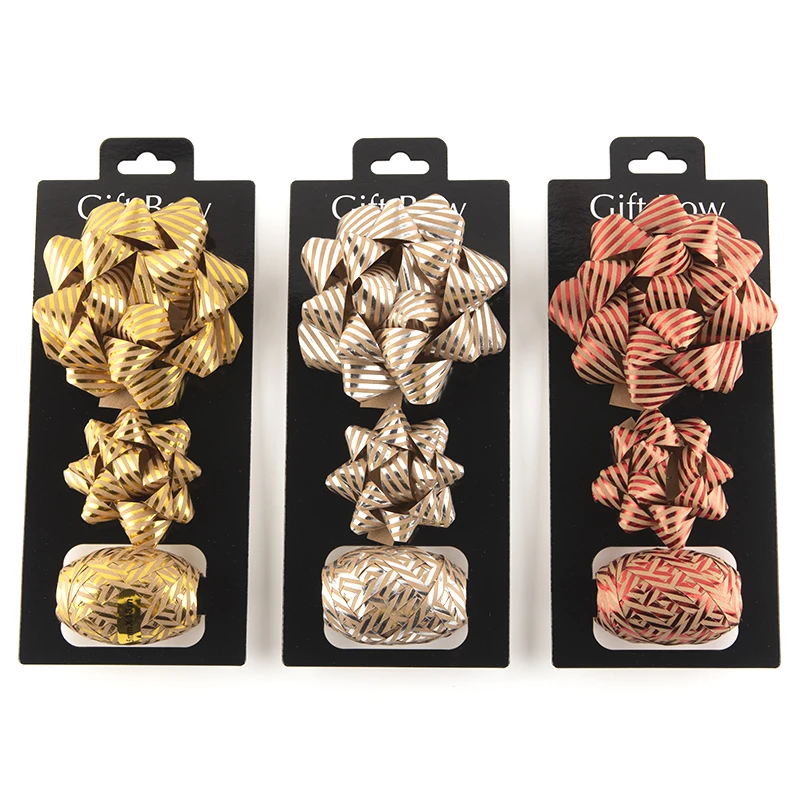 Wholesale Custom Kraft Paper Christmas Gift Wrapping Bow and Ribbon with Stripe Design Gold Stamping for Decoration