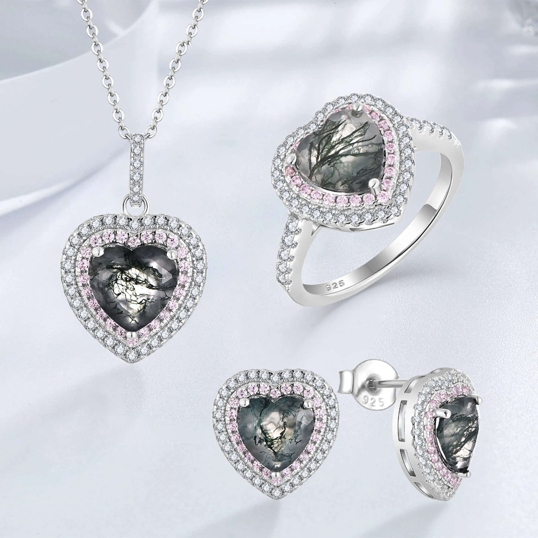 925 Sterling Silver Green Moss Agate Gemstones Heart Pendant Necklace Ring Earrings Set Cubic Zirconia Jewelry Set For Ladies