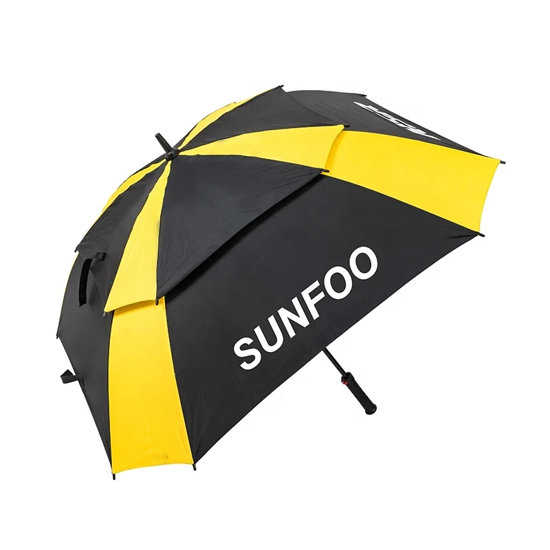 Yellow and Black 30in UV Coating Double Canopy Auto Open Fiberglass Frame Square Golf Umbrella with Custom Logo Print