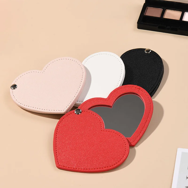 Mini Ultra-thin PU Leather Cosmetic Mirror Unbreakable Makeup Tool Travel Heart Shaped Portable Mirror