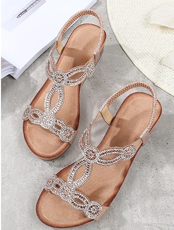New Style Open Toe Round Bohemian Sandals Casual Rhinestone Hollow Out Ladies Platform Wedge Sandals