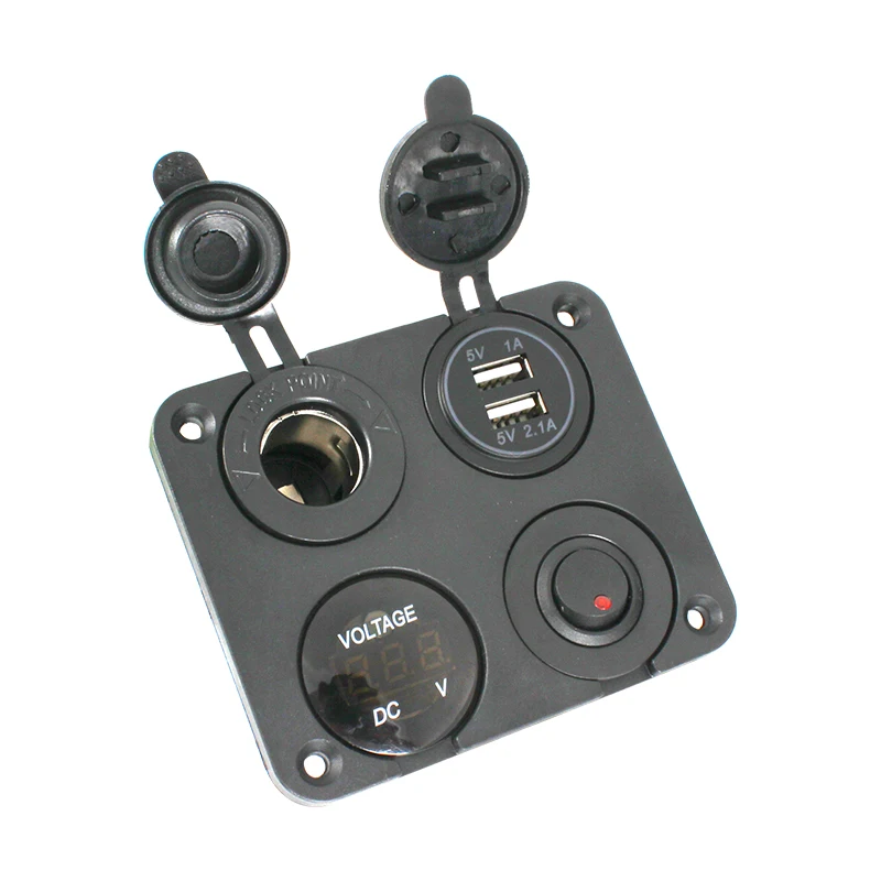 HEYRV Car Boat RV Dual USB Socket Charger 1A&2.1A + Voltmeter + 12V Power Outlet + ON-Off Toggle Switch Four Functions Panel