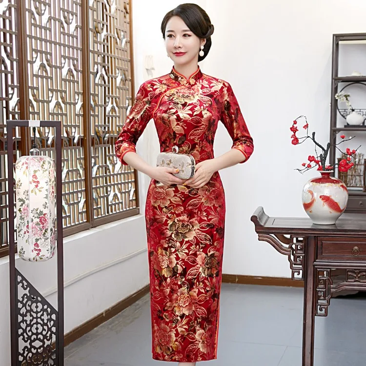 Элегантное китайское традиционное вечернее платье Qipao с вышивкой и цветочным принтом элегантное Восточное ретро-платье длинными рукавами до локтя