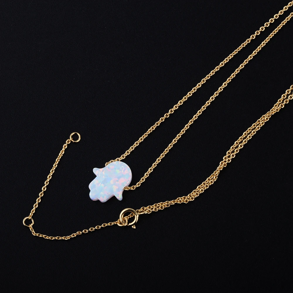 Colorful Hand Hamsa Pendant Necklace Synthetic Fire Opal Stone 11x13mm Jewelry 925 Silver Link Chain 16 Inches