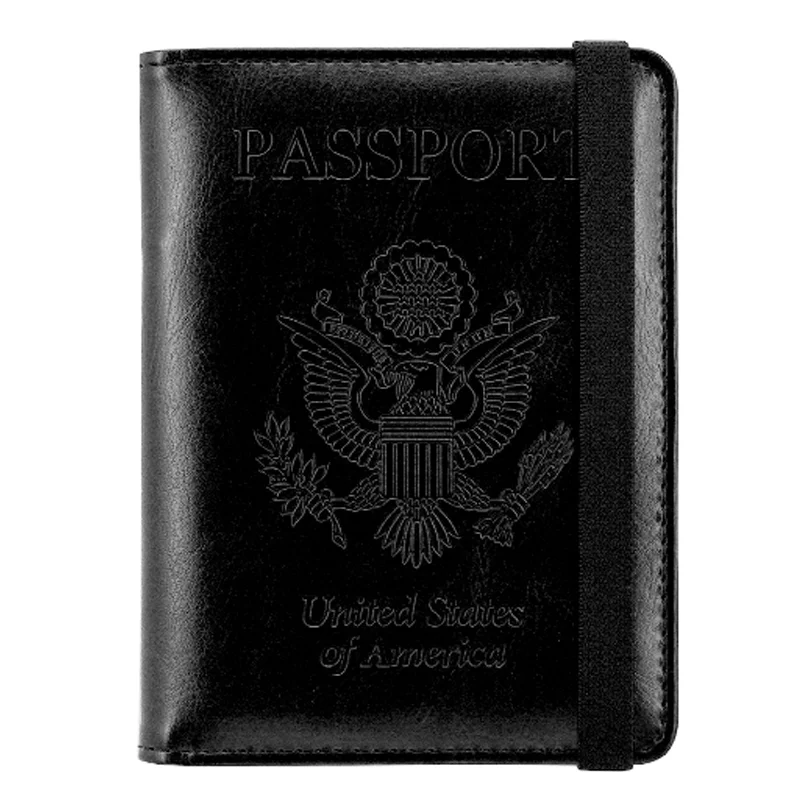 Genuine Leather Travel RFID Blocking Passport Holder Wallet Credit Cards Holder Document Organizer With Elastic Band