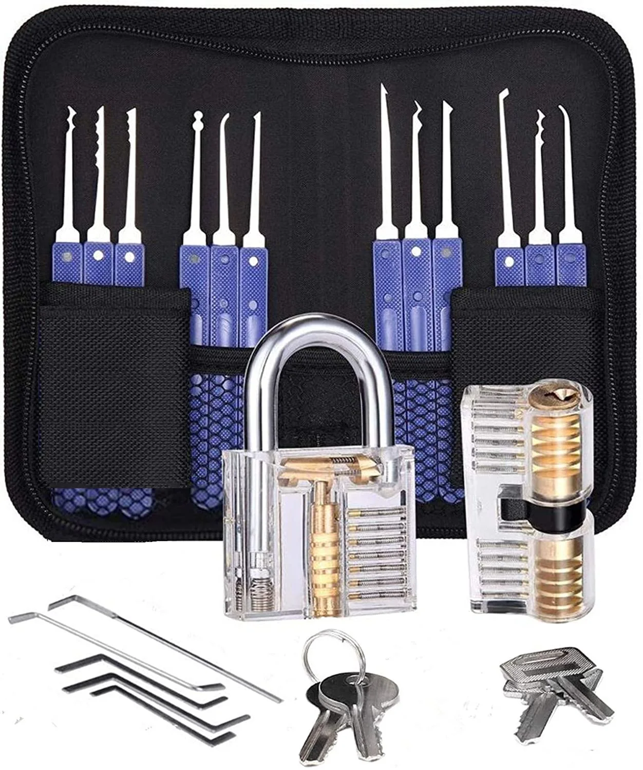 
Premium Practice 7 pin tubular Lock Picking Tools with 2 Transparent padlock 17 pcs lock pick set 