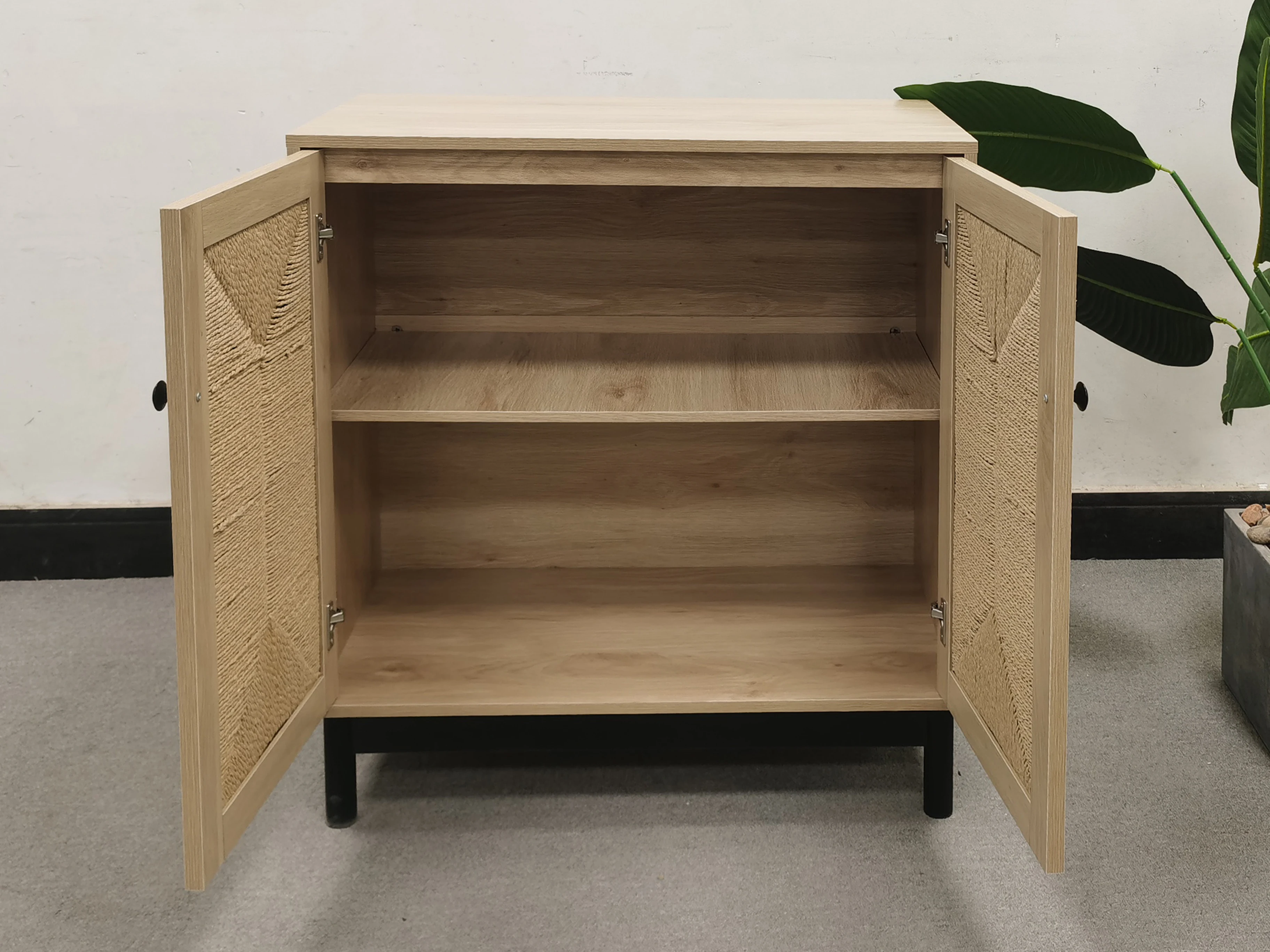 High Quality Customized Wooden Sideboard with Paper Rattan Woven Door Cabinet