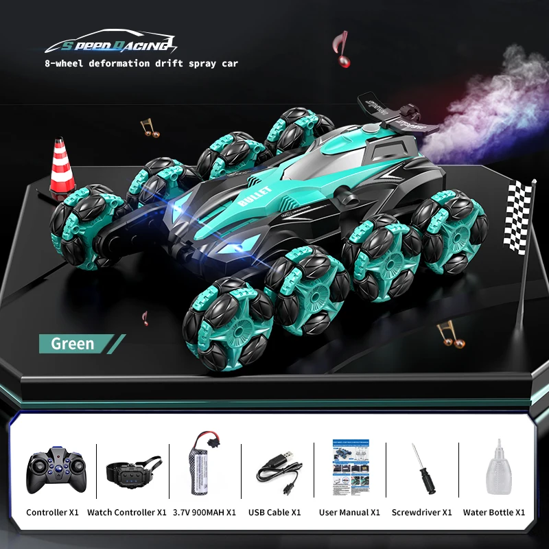 8 Wheel Rc 2.4g Dual Remote Control Racing Car 4wd High Speed Spray Drift 360-Degree Gesture sensing Stunt Children Toys Gifts