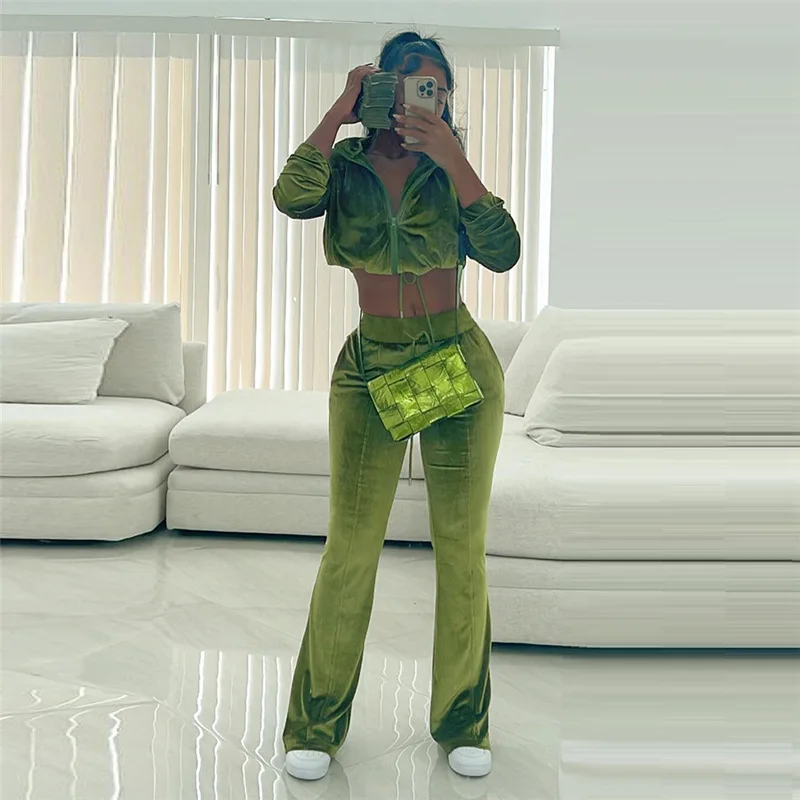New Fashion Winter Velour Fabric Flare Pant 2 Piece Sets Outfit Streetwear Casual Breathable Jogger Zip Women Clothes For Wome