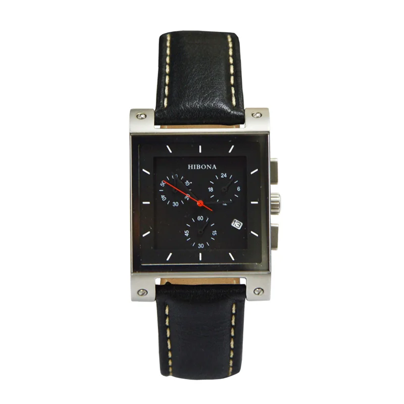 Stainless Steel Case Leather Strap Lige Square Wood  Mechanical Watch