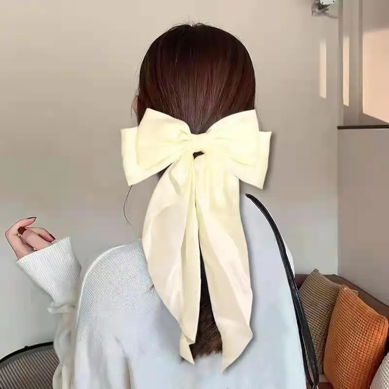 Top-Ranked Silky Satin Hair Accessories Spring Summer Long Tail Bows Clip Hairpin Composed  Alloy Ribbon Fabric and Metal