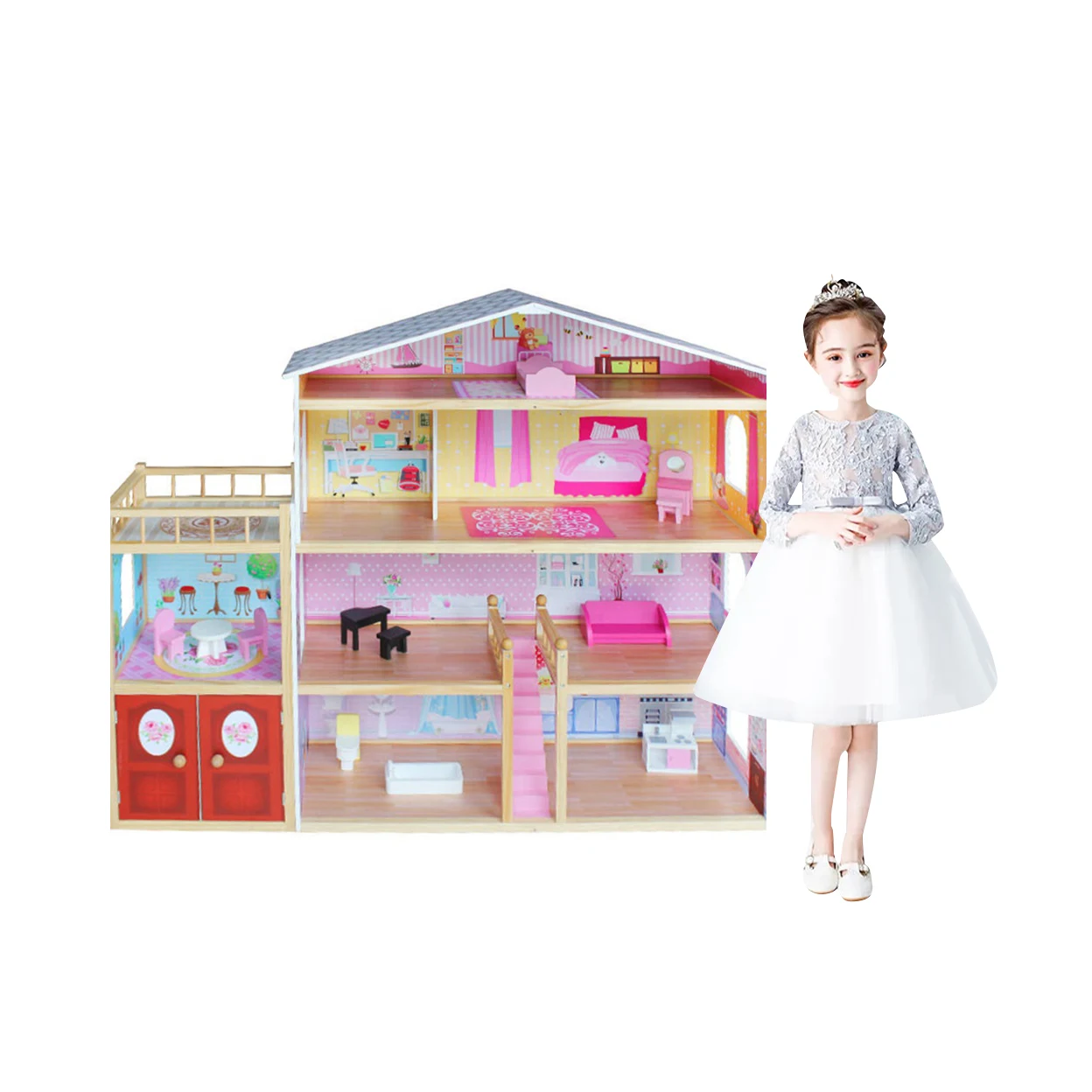 WEIFU 2024 Custom Best Selling High-quality kids four layers Villa wood doll house for girls birthday Christmas gifts