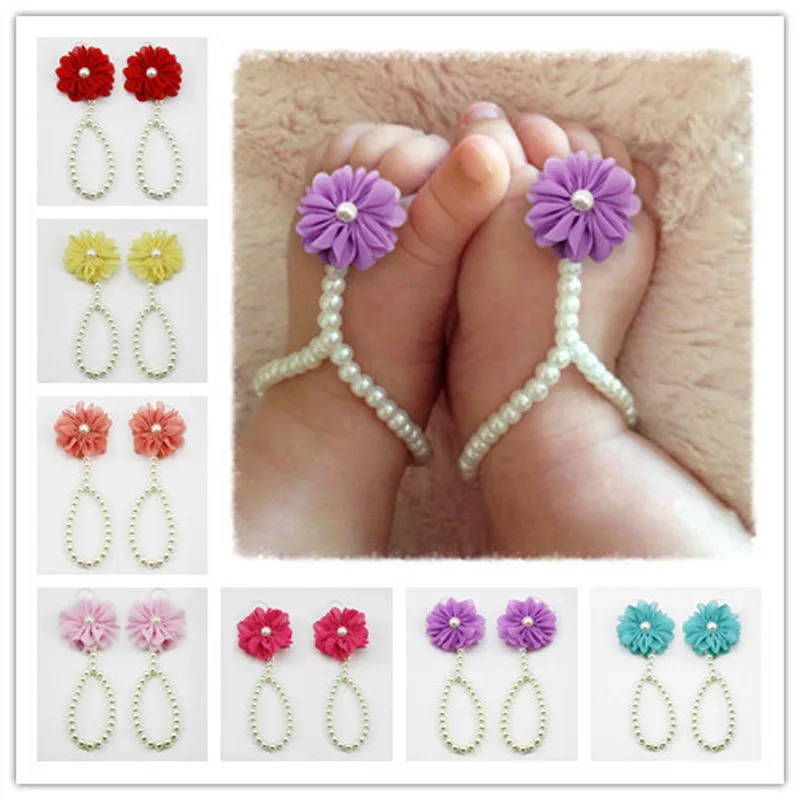 E1236 Fashion Jewelry With Flowers Foot Chain Infant Colorful Foot Accessories Chiffon Barefoot Bracelet Baby Shoe Pearl Anklets