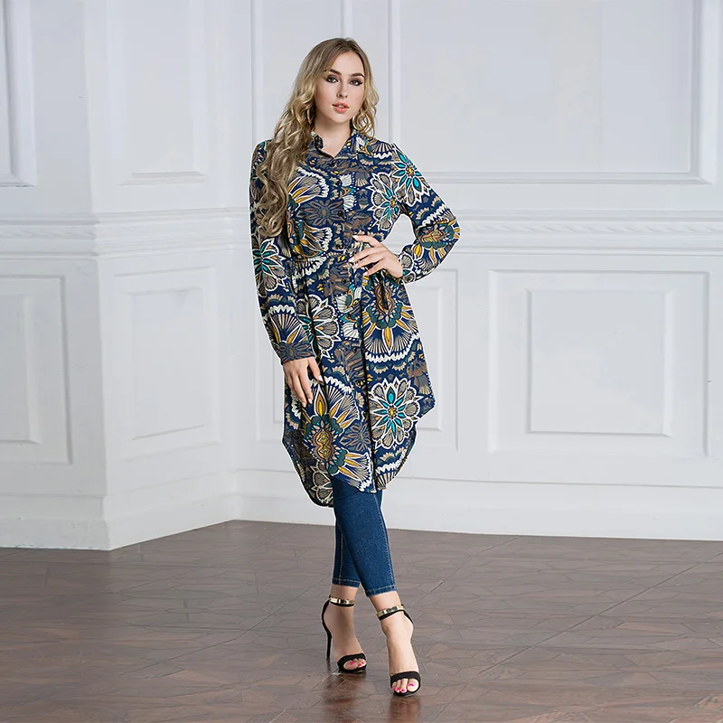 Factory Price Long Sleeve Tops Islamic Clothing Ethnic Floral Printed Muslim Lady Blouse Long Shirts