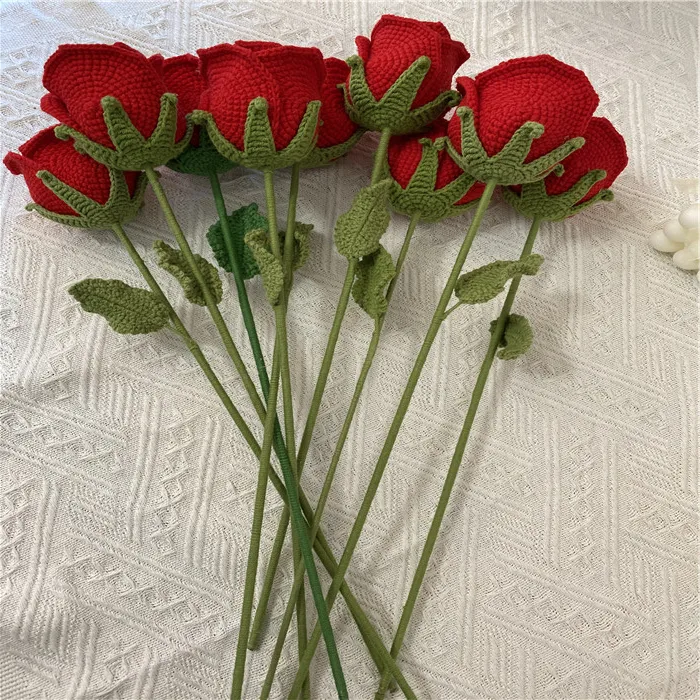 SYNew 40CM Crochet Flowers With Stems Roses With Leaves And Greenery For DIY Wedding Bouquets Centerpieces Home Dedication