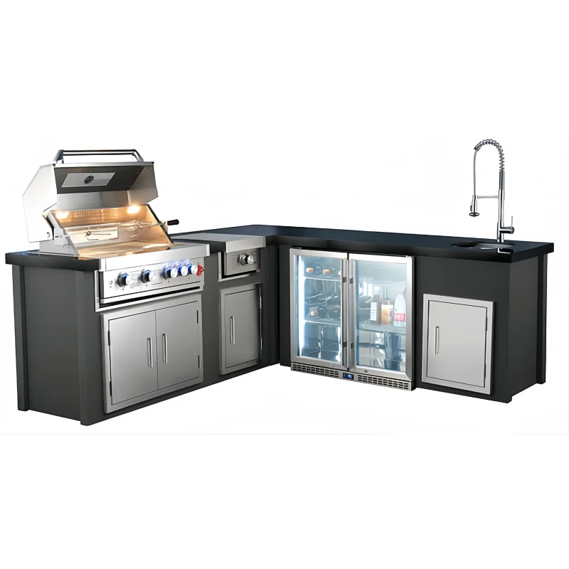 Custom Outdoor Kitchen Stainless Steel Cabinets Garden Mobile Modular BBQ Grill Island With Bar Sink Fridge Gas Grills