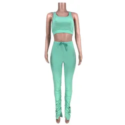 2020 Women Solid Color Yoga Slit Pants Joggers Sports Stacked Trousers Leggings Stacked For Women Two Piece Set