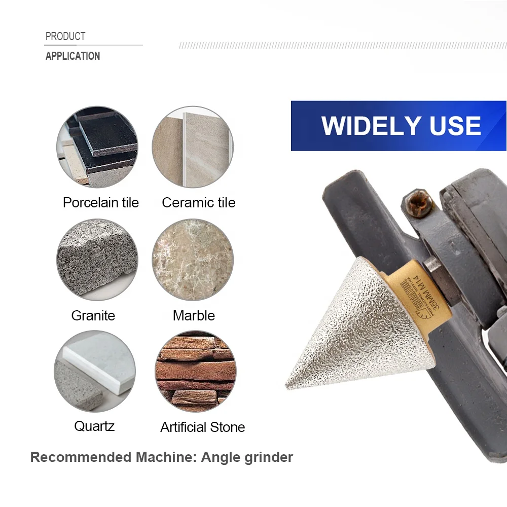 20/35/50mm Vacuum Brazed M14 Thread Diamond Chamfer Beveling Milling Finger Bits Diamond Cone Bit for Hole Trimming Enlarging