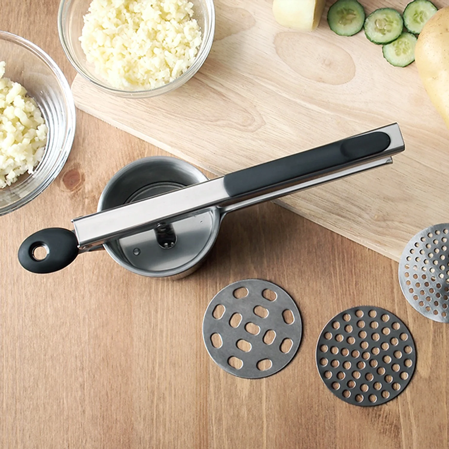 Сверхмощный Картофель Из Нержавеющей Стали, машер для картофеля с 3 сменными тонкими дисками, кухонный инструмент для риса