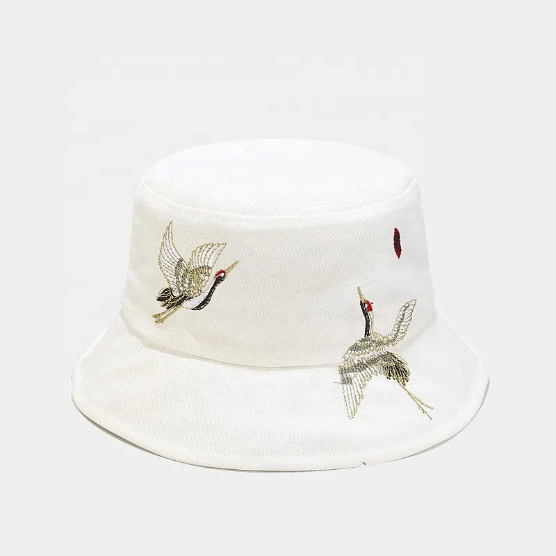 New Fashion Chinese Style Red-crowned Crane Embroidery Denim Sunscreen Bucket Hats And Caps for Men and Women