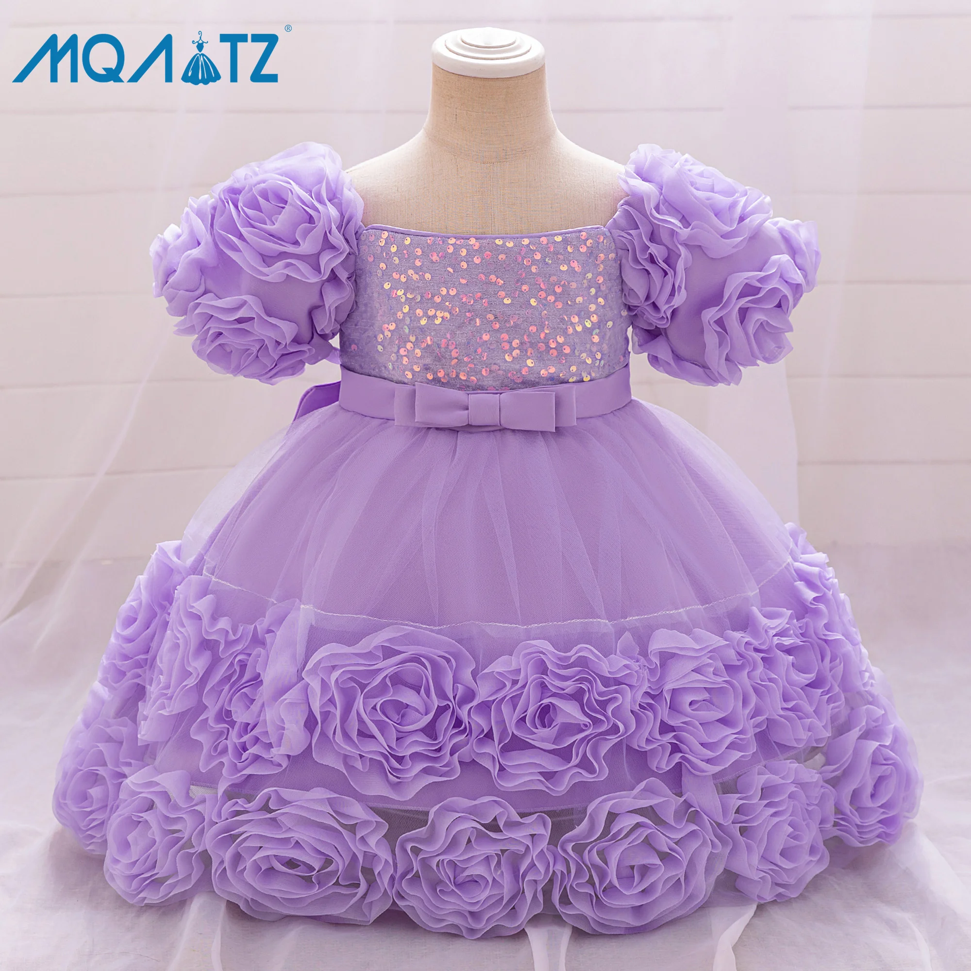 MQATZ  New style girls appliqued princess one-year-old dress flower girl dress puff sleeve rose dress L2283XZ