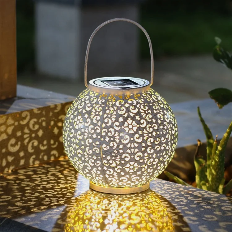 
Most Hot Sale Solar Blue Lantern Outdoor Garden Hanging Round Waterproof Metal Pattern Shadow Light Decorative Light 