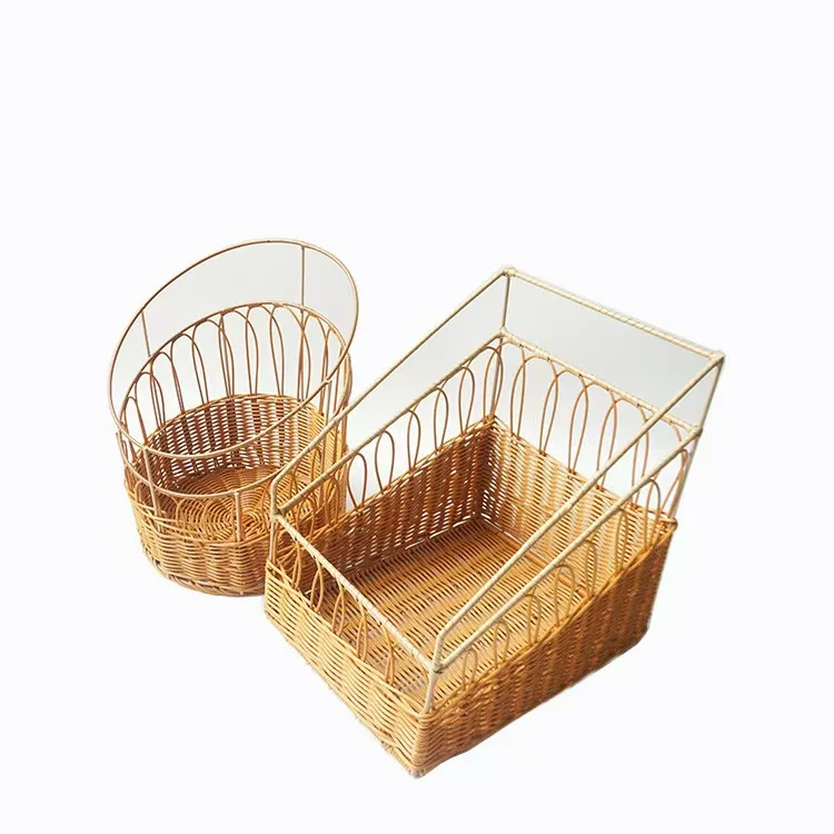 Customized PP Plastic Steel Handmade Woven Round Square Shape Bakery Bread Fruit Display Stand With Basket For Supermarket Shop