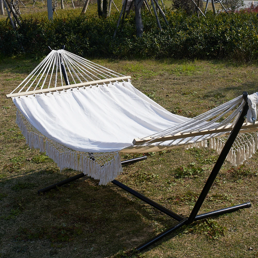 150*200CM Portable Camping Hammock With Wood Bar Outdoor Canvas Material Hammock  With 12ft steel stand