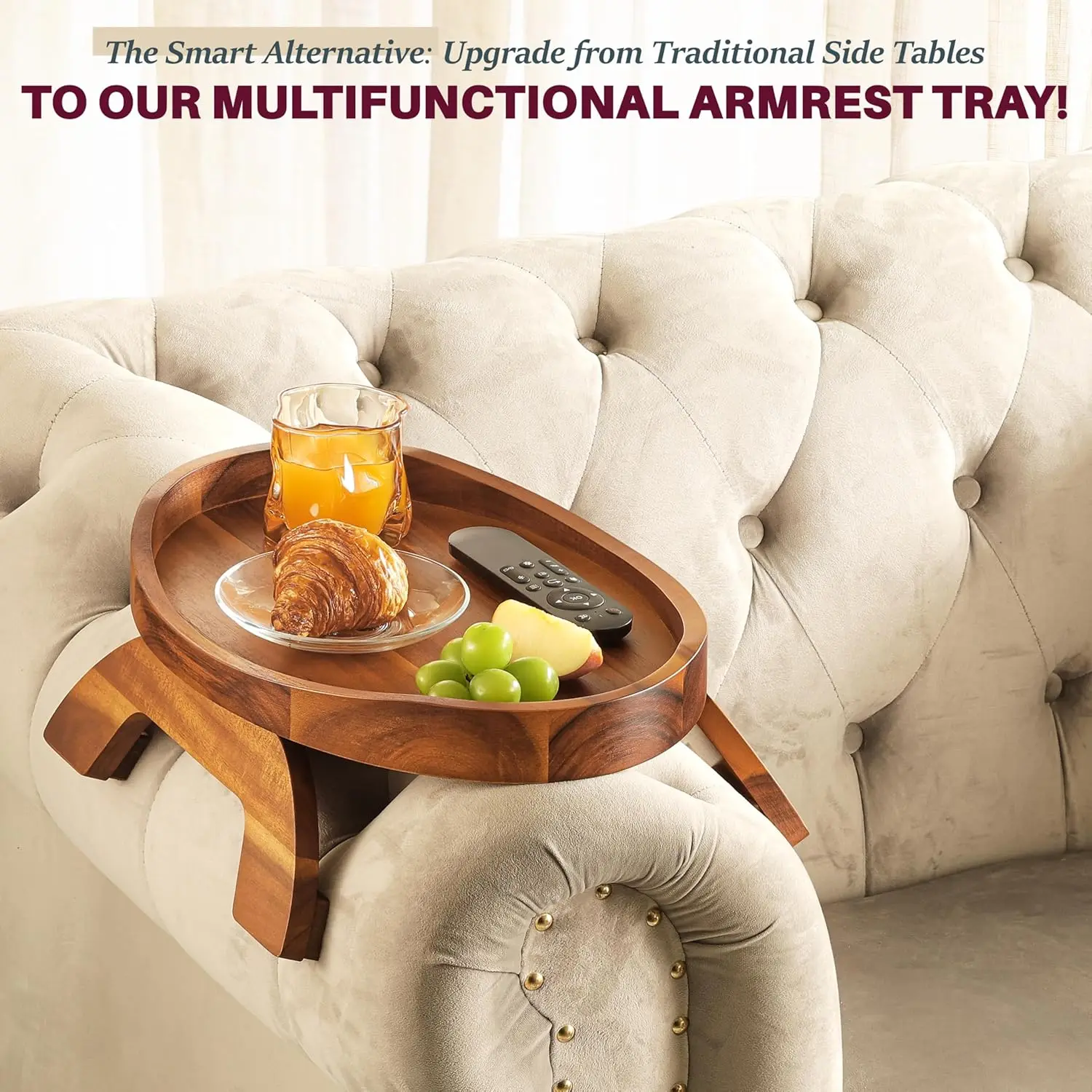 Wholesale Custom Wooden sofa armrest tray with Sofa armrest table wooden serving tray for Food Storage and Table Use