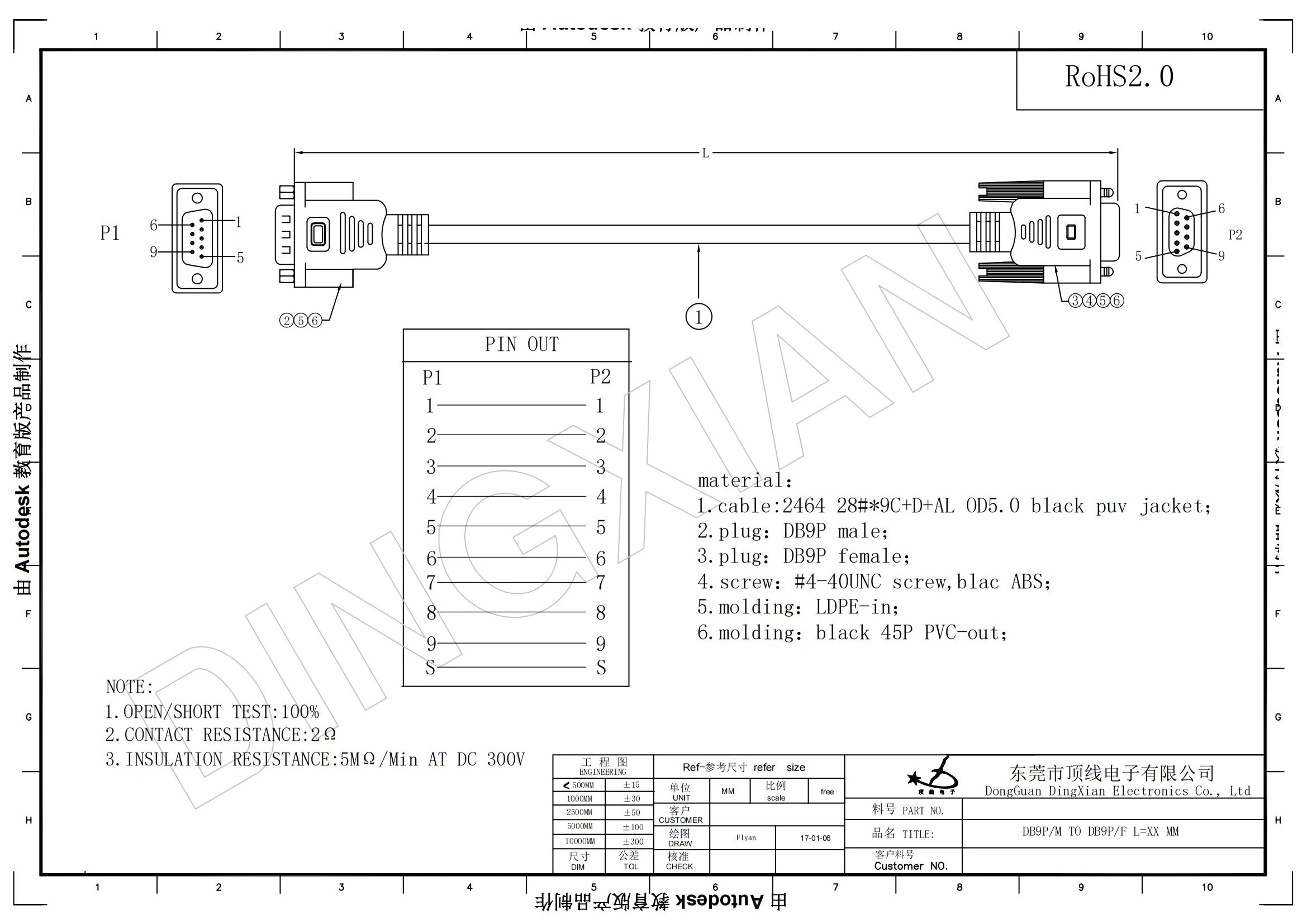 Factory Custom black db 9pin male to db 9pin female RS232 Extension Serial  cable
