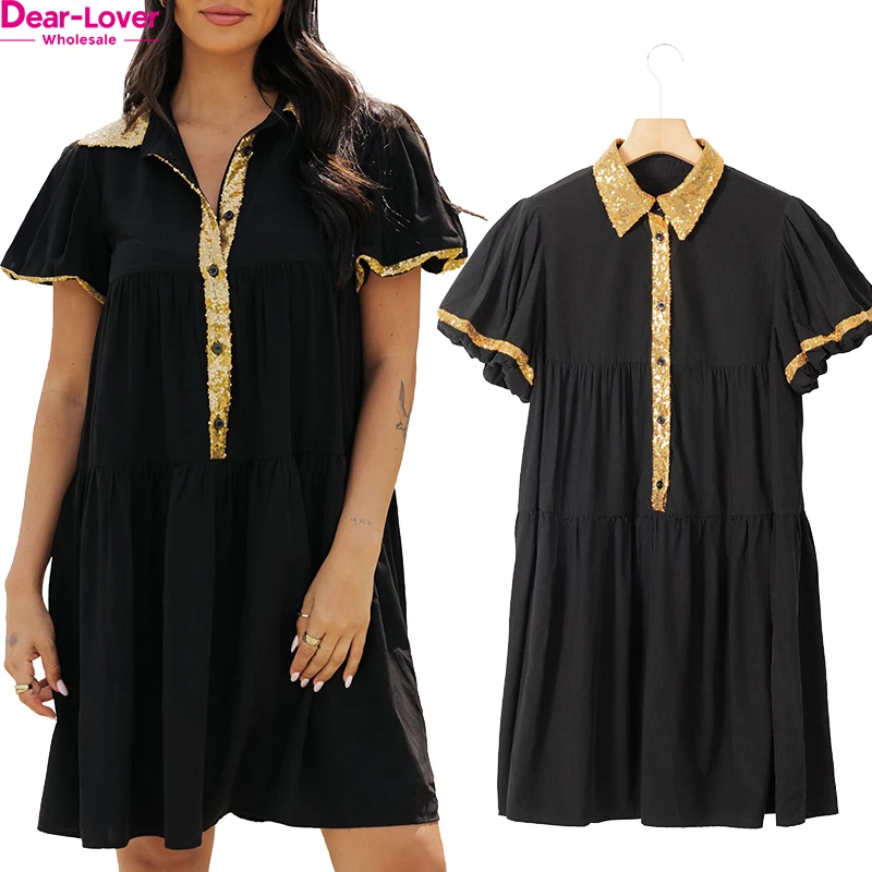 Dear-Lover Wholesale Fast Shipping New Arrivals Game Day Trim Bubble Sleeve Sequin Shirt Dress For Women