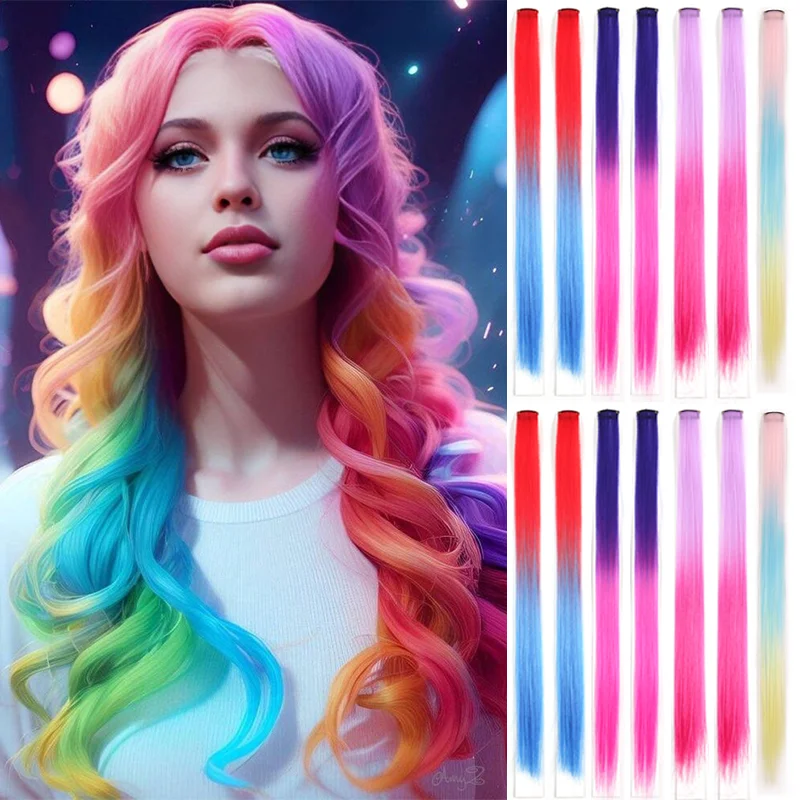 Hot Selling Colorful Rainbow Straight Hairpieces Cosplay Dress Up Party  Colored Clip in Hair Extensions